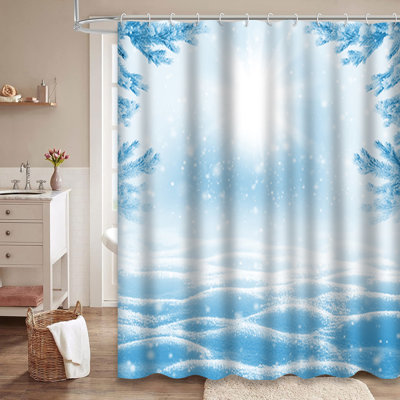 Winter Bright Christmas Landscape Pine Snow Snowflakes Sky Blue Shower Curtain with 12 Hooks