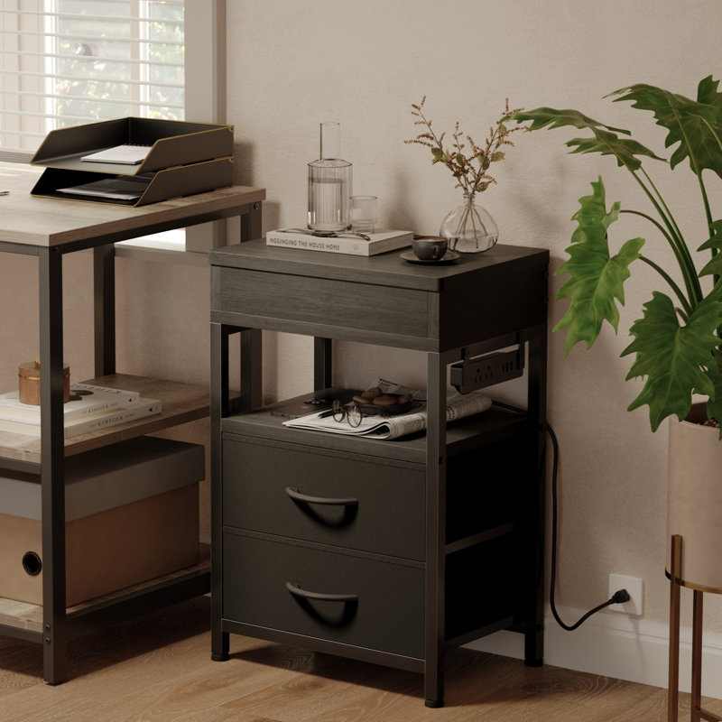 Modern Nightstand with Hidden Drawer and Charging Station, Black