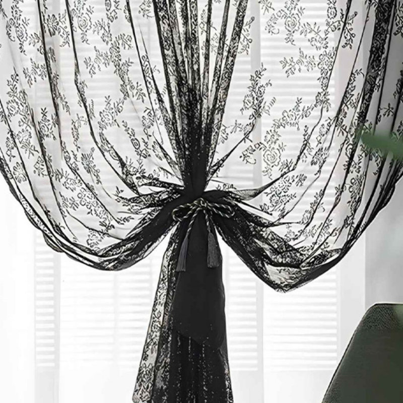 Lace Sheer Curtains Vintage Floral Sheer Window Curtain Panels for Living Room Bedroom Luxury Light Filtering Black Drapes Window Treatment Sets Rod Pocket 2 Panels