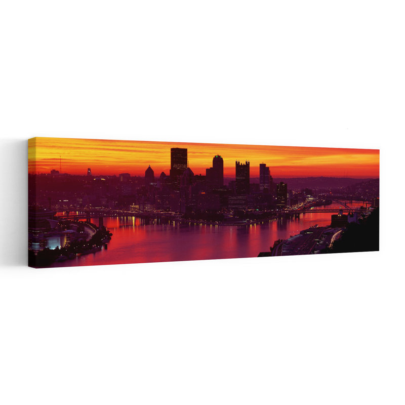 Silhouette de bâtiments à l'aube, Three Rivers Stadium, Pittsburgh, Allegheny County, Pennsylvanie, États-Unis, art moderne abstrait, art mural de la ville