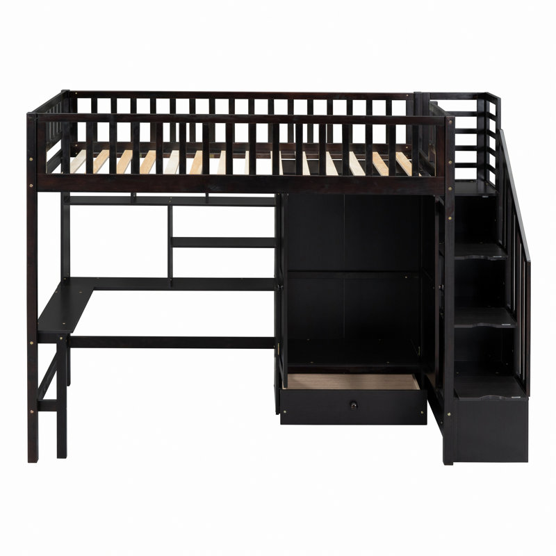 Lit mezzanine avec bibliothèque, tiroirs, bureau et garde-robe, Espresso