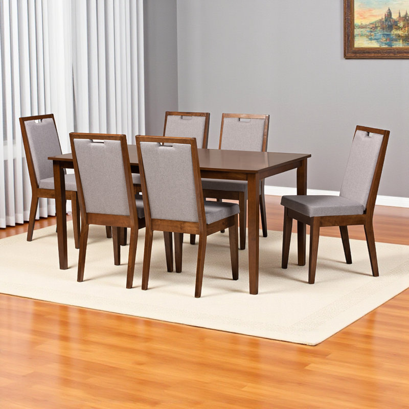 6 - Person Four Leg Dining Set, Walnut Brown, Gray/Walnut Brown