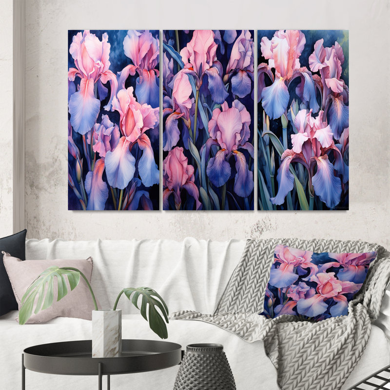 «Pink Blue Iris Petals», 3 pièces sur toile, Toile tendue, H 20 po x l 36 po