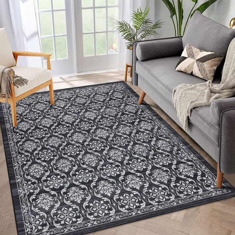 Tapis en polyester tressé à la machine Floral en gris / noir, Rectangle 8 pi x 10 pi