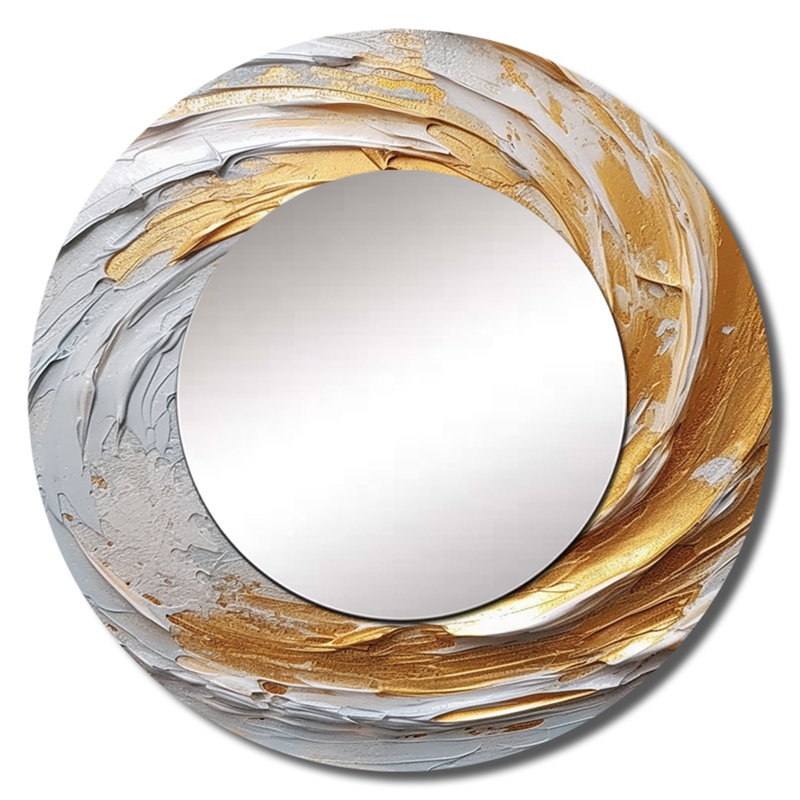 Or et crème Enchanted Whirls II - miroir décoratif à spirales abstraites, miroir mural rond moderne, impression sur métal