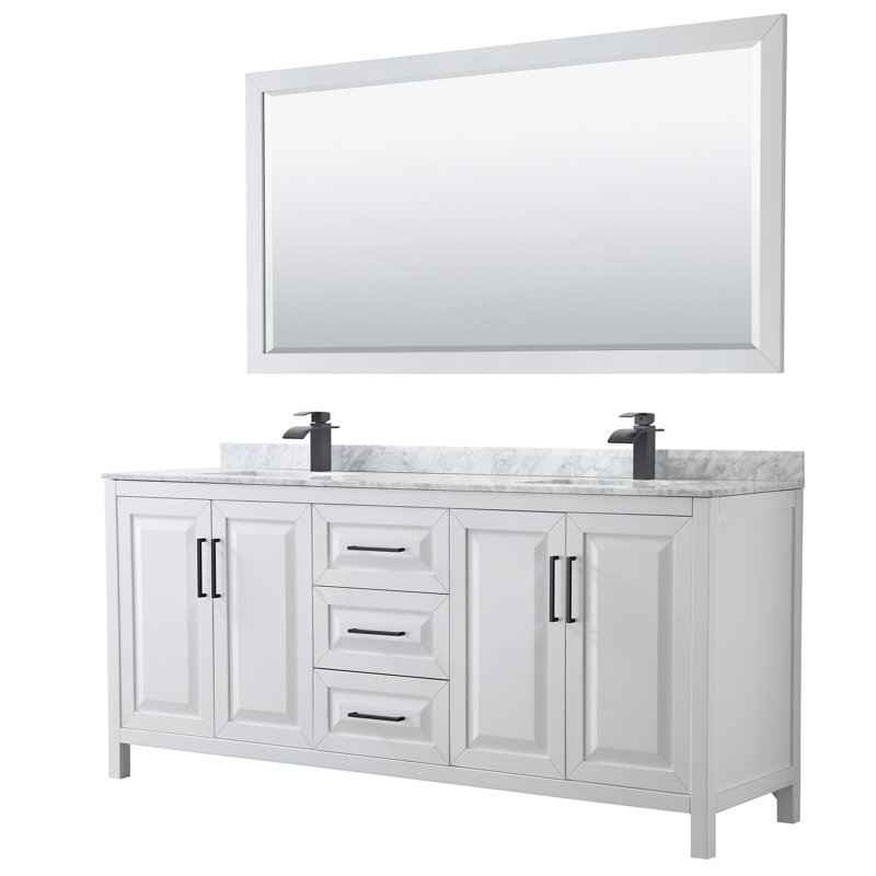 Daria 72" Double Bathroom Vanity Set with Mirror, Dark Blue, Matte Black, 80"
