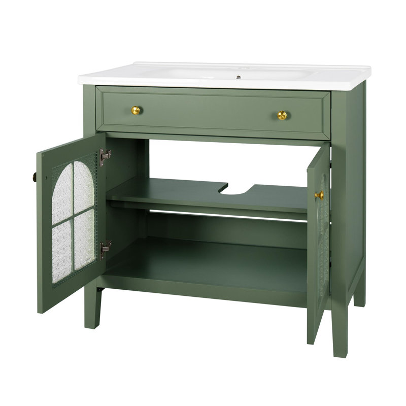 Meuble-lavabo 36 po avec lavabo en céramique, rangement et bande lumineuse activée par le mouvement, Green
