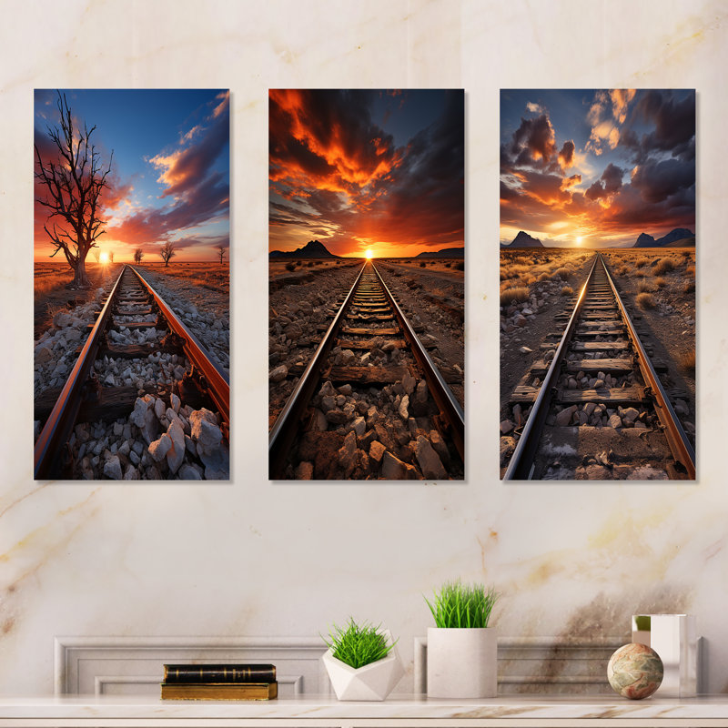 Railway Track In Sunset Landscape, 28" H x 36" W, Wrapped Canvas