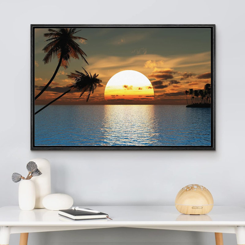 «Coastal Beach Tropical Sunset», H 16 po x l 24 po, Cadre flottant noir