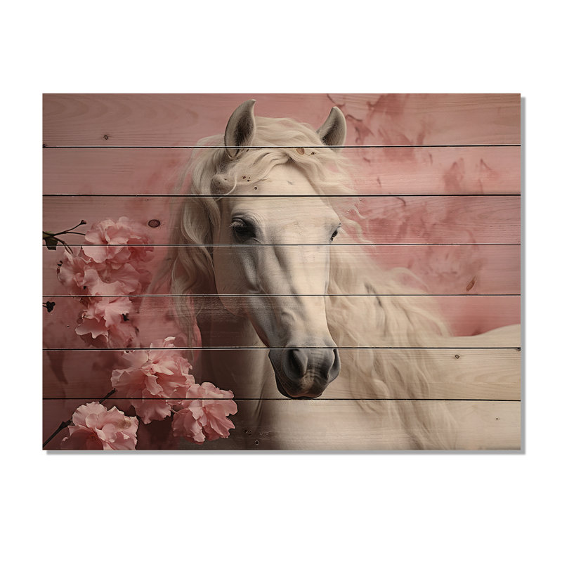 Cheval rose blanc doux, impression sans cadre sur bois, H 30 po x l 40 po x P 0,78 po
