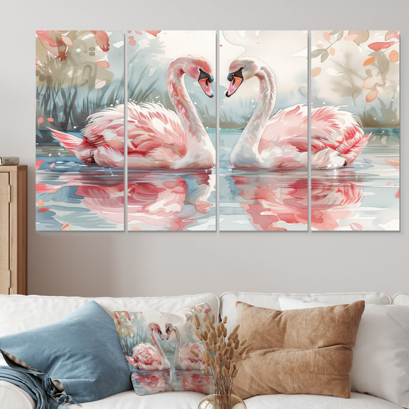 Rose, blanc, cygne, étang, romance II, H 28 po x l 48 po