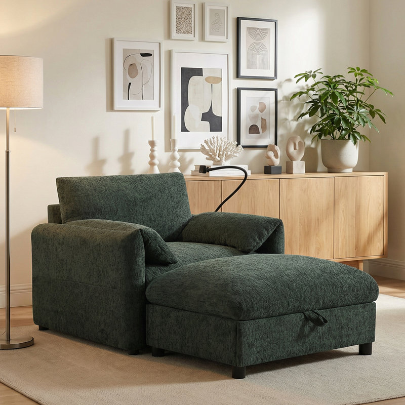 Fauteuil d'appoint rembourré avec repose-pieds avec rangement, Vert