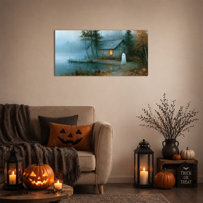 Art mural sur toile grand fantôme d'Halloween, décor d'Halloween rétro avec un joli fantôme par Lake Cabin scène, prêt à être accroché pour le salon, la chambre à coucher, le hall d'entrée de la salle de bain, toile tendue avec cadre en pin, 47 po x 24 po