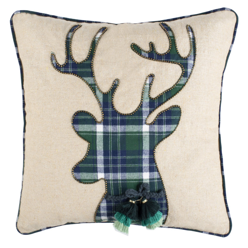 Beige and Green Reindeer Applique Square Pillow