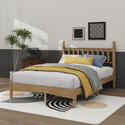Cadre de lit double en bois traditionnel avec tête de lit à motif gourde, lit plateforme antique