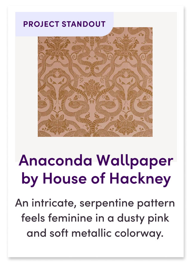 Anaconda Wallpaper by House of Hackney
An intricate, serpentine pattern feels feminine in a dusty pink and soft metallic colorway.