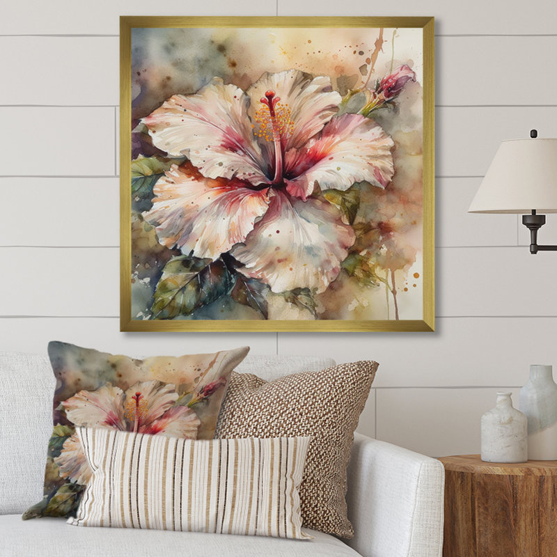 Romay, rose, beige, hibiscus euphorie sur toile, H 16 po x l 16 po x P 1 po, Encadrement doré
