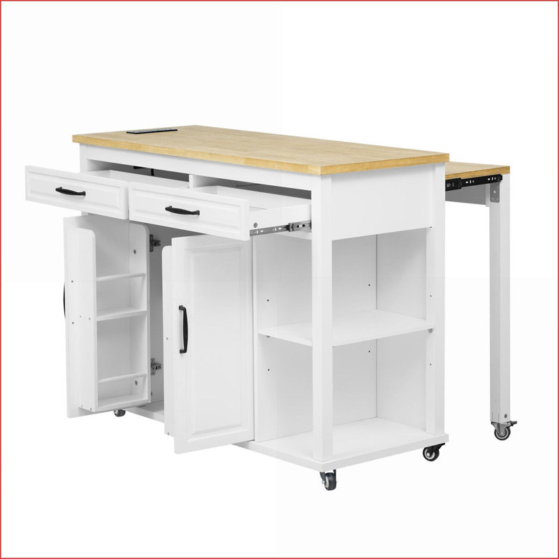 Kitchen Island with Extendable Table, White Rubber Wood, Storage &amp; Power | Farmhouse | Medium (40-55in), White