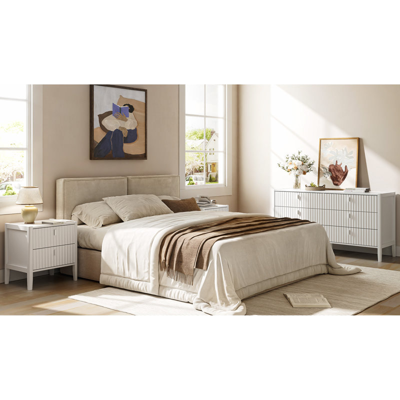 Ensemble de chambre à coucher 3 pièces, commode 6 tiroirs et ensemble de table de chevet 2 pièces, Blanc