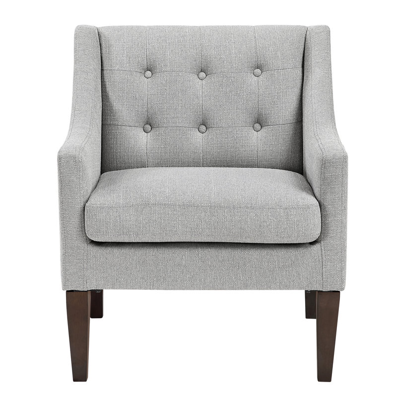 Chaise de salon grise à la mode, revêtement en tissu à boutons, structure en contreplaqué, coussin de siège en mousse haute, réversible avec housse amovible, pieds d'appoint en bois d'hévéa brun gris