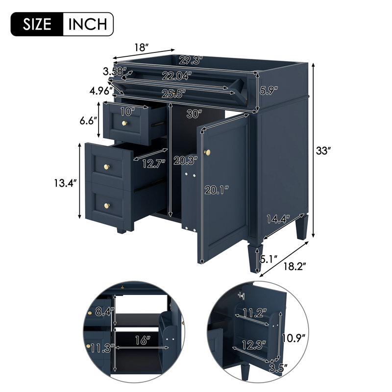  30 Inch Bathroom Vanity without Sink, Modern Storage Cabinet with 2 Drawers and Tip-Out Drawer, Navy Blue, Navy