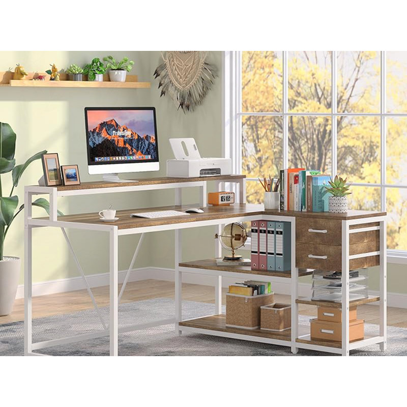 Bureau à domicile en L de 55 pouces avec support pour écran, Naturel