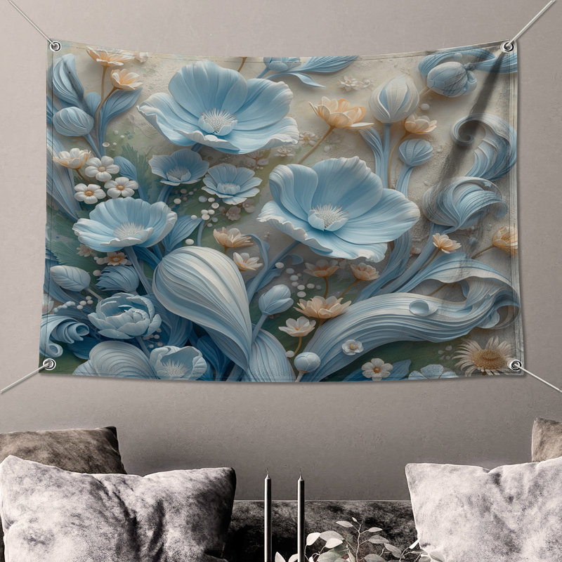 Tapisserie murale fleurs bleues et beiges bleues, H 50 po x l 60 po avec 4 œillets
