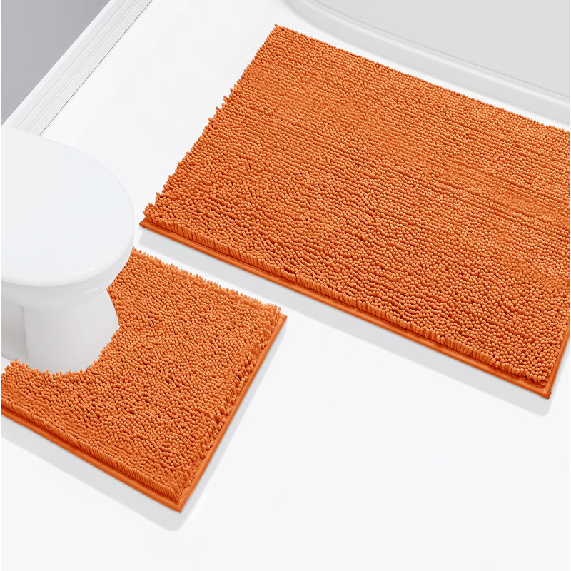 2 Piece Set Soft Cozy Plush Chenille Bath Mat Bathroom Rug, Orange