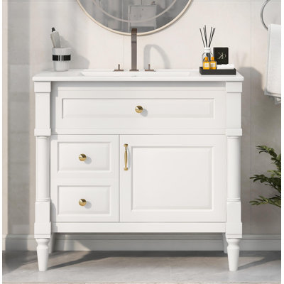 36" Bathroom Vanity With Sink, Freestanding Bathroom Cabinet With Ceramic Basin, Flip Drawer, Adjustable Shelf, Rubberwood Frame & MDF Panels, Metal Handles, White Painted Finish