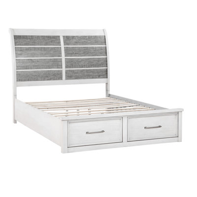 Lit plateforme antique au fini blanc et gris avec rangement pour pied de lit