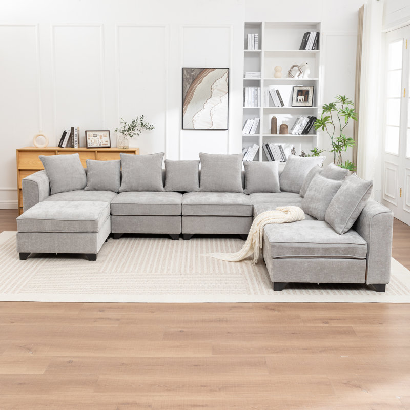 Kempson 7 - Piece Upholstered U-Shaped Sectional Sofa, Gray Polyester