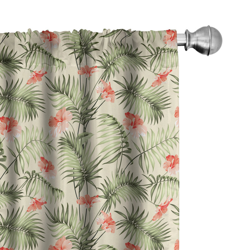 Leaf Curtains, Hawaiian Aloha Nature Pattern with Rainforest Elements Palm Branches Hibiscus, Window Treatments Panel for Living Room Bedroom Decor, Peach Salmon Green Semi-Sheer Rod Pocket Sliding Panel