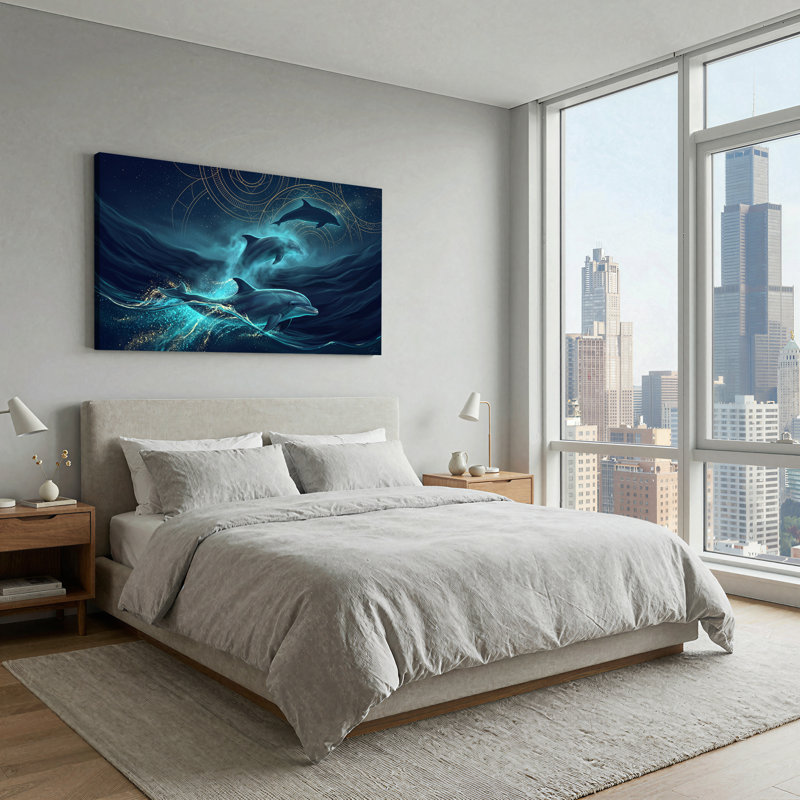 «Three Dolphins in Deep Blue Ocean with Golden Stars», art mural, L 40 po x H 20 po
