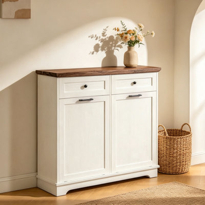 20 Gallon Double Tilt Out Trash Cabinet, Freestanding Double Trash Bin Cabinet with 2 Drawers, Pet Proof Garbage Can Holder for Kitchen Living Room, Antique White (Not Include Trash Can)