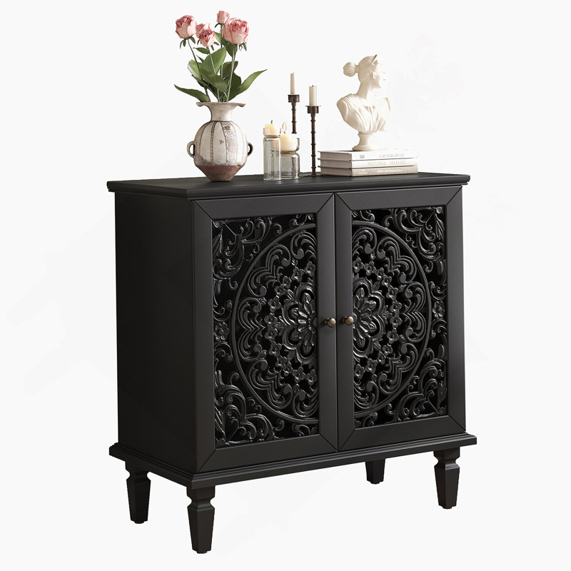Accent Cabinet, 2-Door Display Storage Cabinet, Sideboard With Adjustable Shelf And Solid Wood Legs, Black