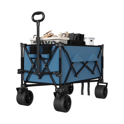 Heavy Duty 35" Extra Large Collapsible Wagon Cart – Folding Utility Garden Trolley – 350lbs, 280L, All-Terrain Wheels, Cup Holders, Side Pocket, For Outdoor, Beach, Camping – Blue