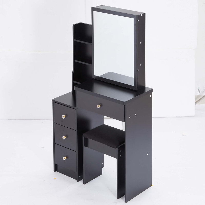 Small Size Left Bedside Cabinet Vanity Table + Cushioned Stool, Extra Large Sliding Mirror, Multi Layer, High Capacity Storage Fashionable Dresser, Suitable for Small Space, EPA,GCC,UL Certificate