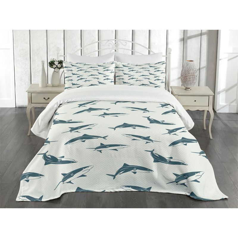 Ambesonne Shark Bedspread Set Dangerous Underwater Slate Blue and Eggshell, Queen Coverlet / Bedspread + 2 Standard Shams