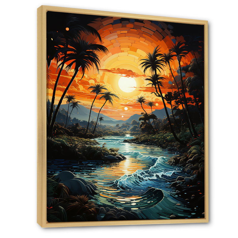 «Saudres Palm Trees Sunrise IV», reproduction sur toile, H 32 po x l 16 po x P 1 po, Cadre naturel flottant