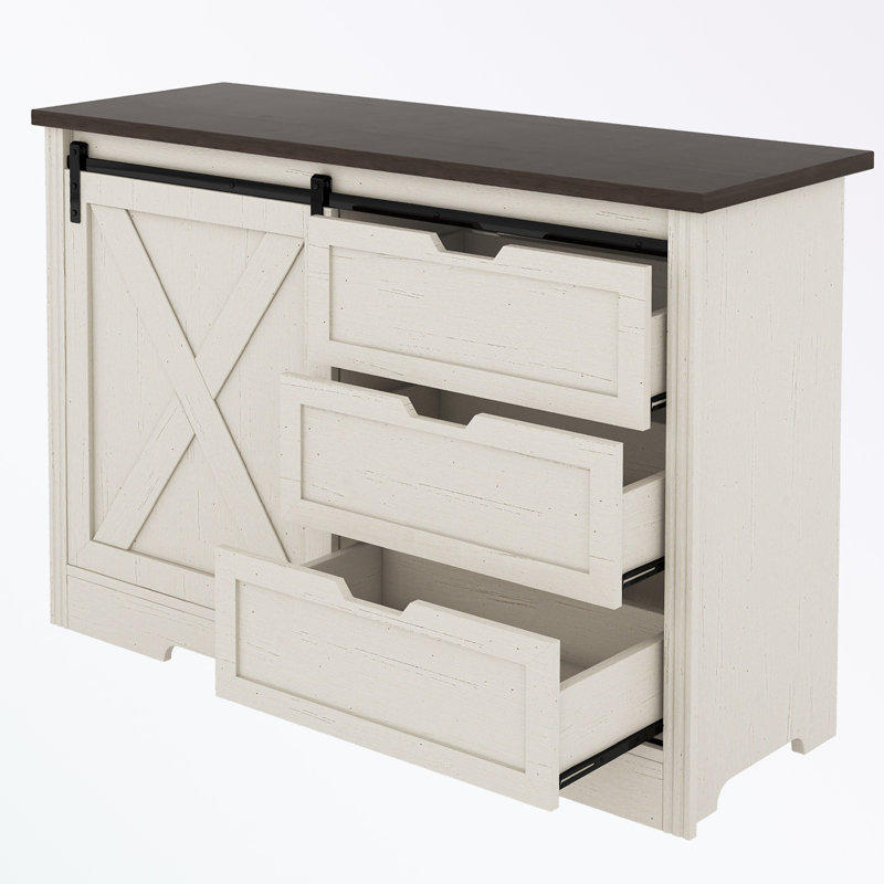 Armoire de rangement avec portes coulissantes silencieuses et trois tiroirs, Beige/brun