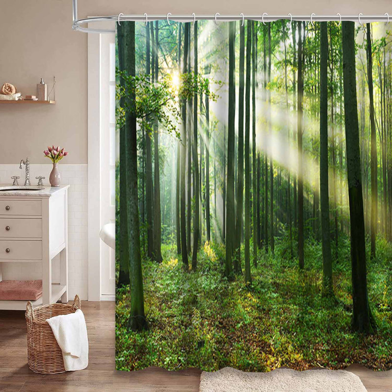Rideau de douche vert clair avec 12 crochets Morning Forest, L 72 po x l 84 po