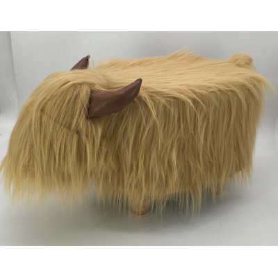 Highland Cow synthetic fur footstool with wooden legs
