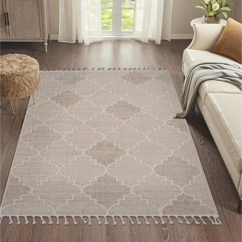 Cream Trellis 5x7 Family Room Rug - Stain , Non-shedding, & Pet-, Easy To Clean, Ideal For High-traffic Areas
