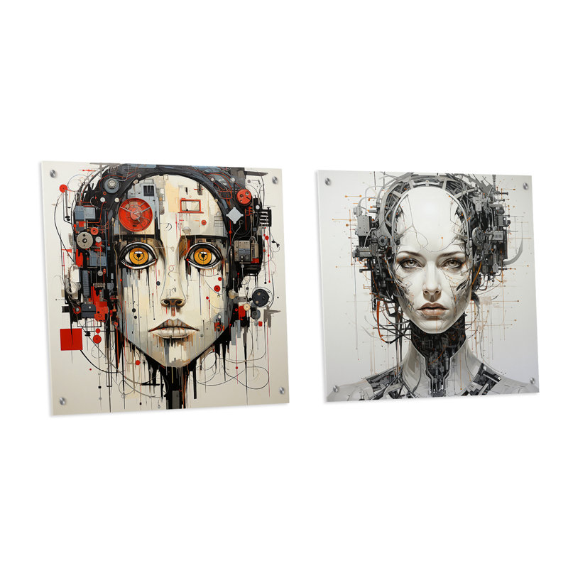 «Robotic Minimalisme Portrait» - Ensemble d'art mural en verre acrylique 2 pièces, H 16 po x l 33 po