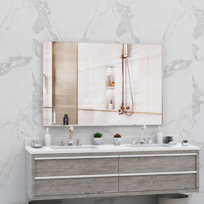 Oversized Rectangle Bathroom Mirror, Aluminium Frame, Silver, 1PC, Removable Tray, Vertical/Horizontal, HD Reflection