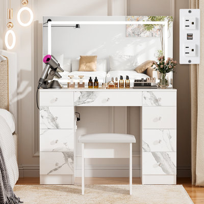 Greyden Vanity Set With LED Mirror & Power Outlets, 9 Drawers with Diamond Handles