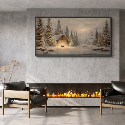 Soft Golden Nativity Stable and Distant Church Winter Landscape Framed Master Bedroom Wall Art Work 2 Pieces Print