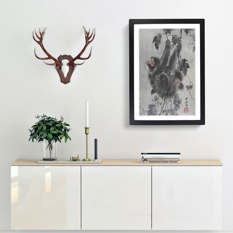 Monkey Hanging from a Tree by Kawanabe Kyosai - Picture Frame Painting Print, Black Framed, 65cm H x 48cm W x 2cm D