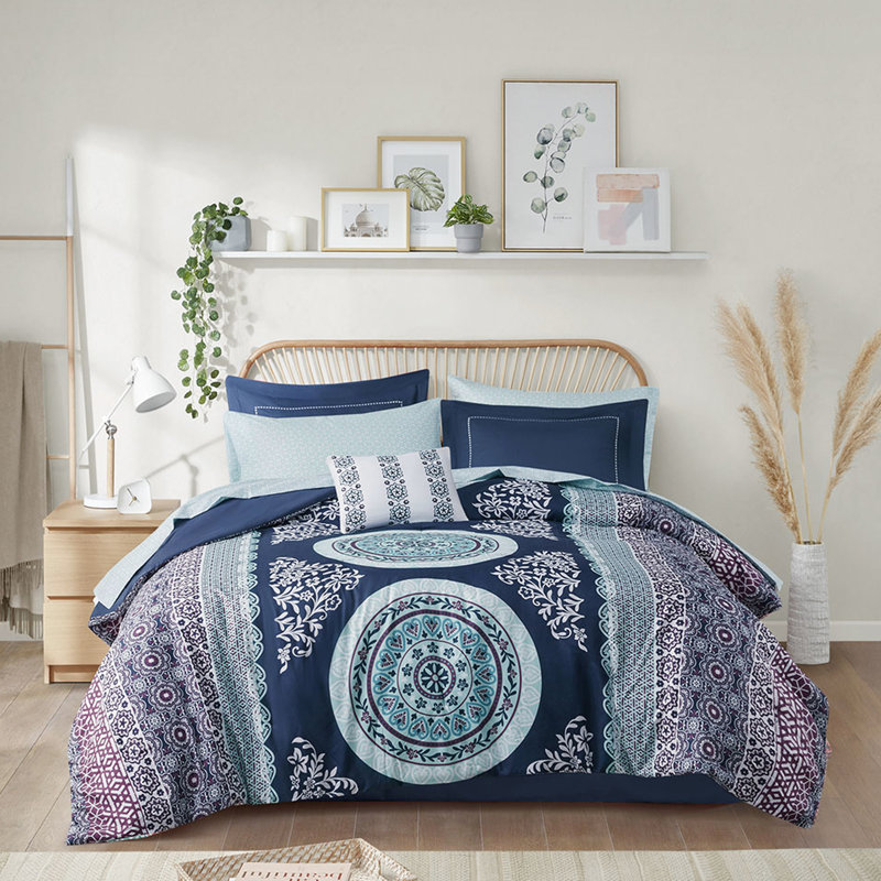 Édredon pour chambre simple - Motif médaillon bleu marine, taies décoratives brodées, tissu, ensemble d'édredon sophistiqué et élégant, draps, qualité brodée