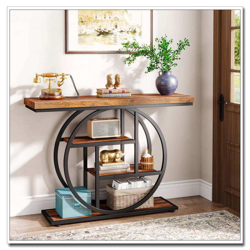 Table console industrielle Ã  quatre niveaux avec Ã©tagÃ¨res de rangement Ã  structure mÃ©tallique circulaire, Rustic Brown